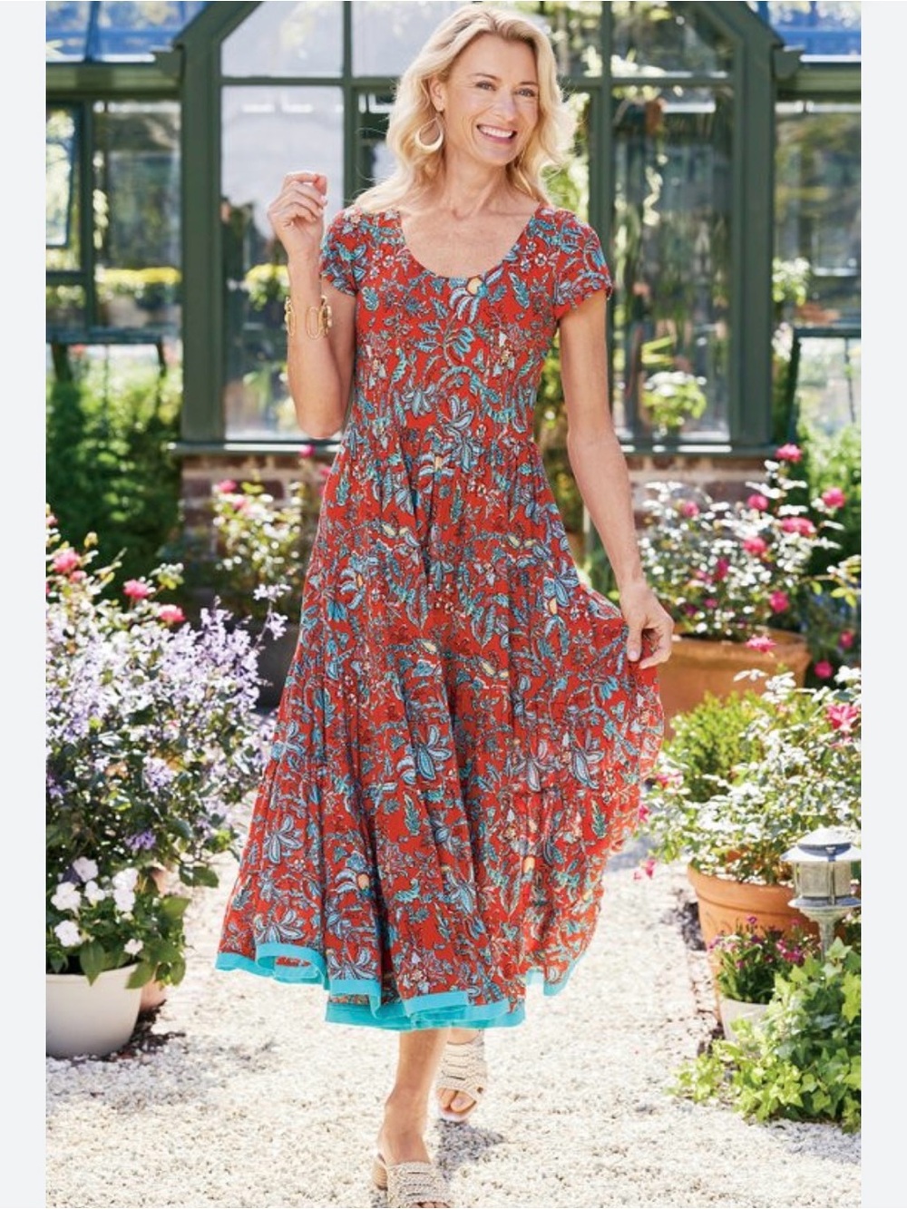 Soft Surroundings Red Kara Midi Dress with Teal Accents